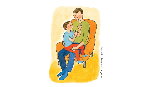 Illustrerad bild av man som sitter med barn i sin famn.